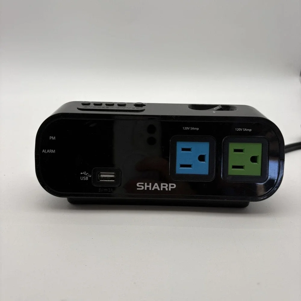 Sharp SPC137 LED Alarm Clock Black‎ W/ AC Outlets USB Charging Port Power Strip
